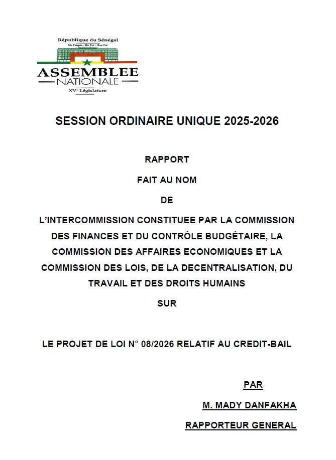 Rapport sur le projet de loi n°08/2026 relatif au crédit-bail – intercommission Assemblée nationale du Sénégal