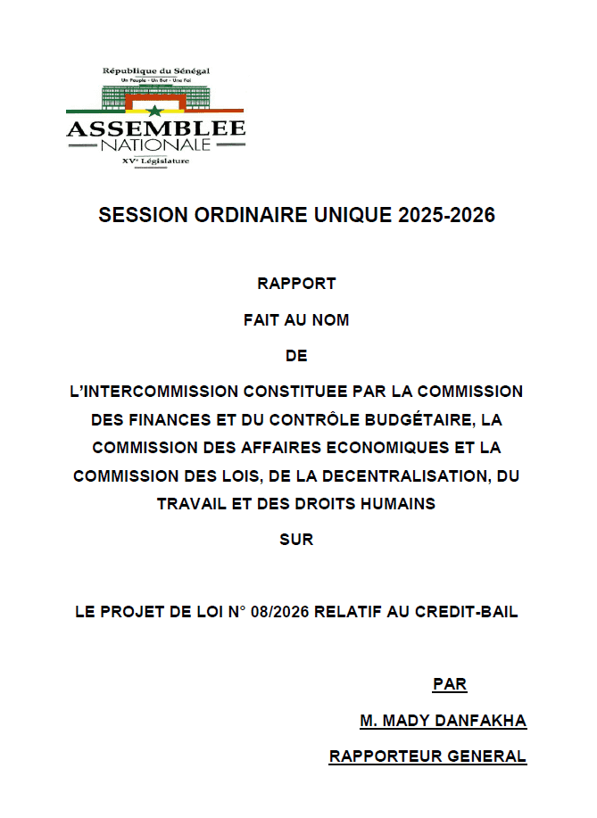Rapport sur le projet de loi n°08/2026 relatif au crédit-bail – intercommission Assemblée nationale du Sénégal