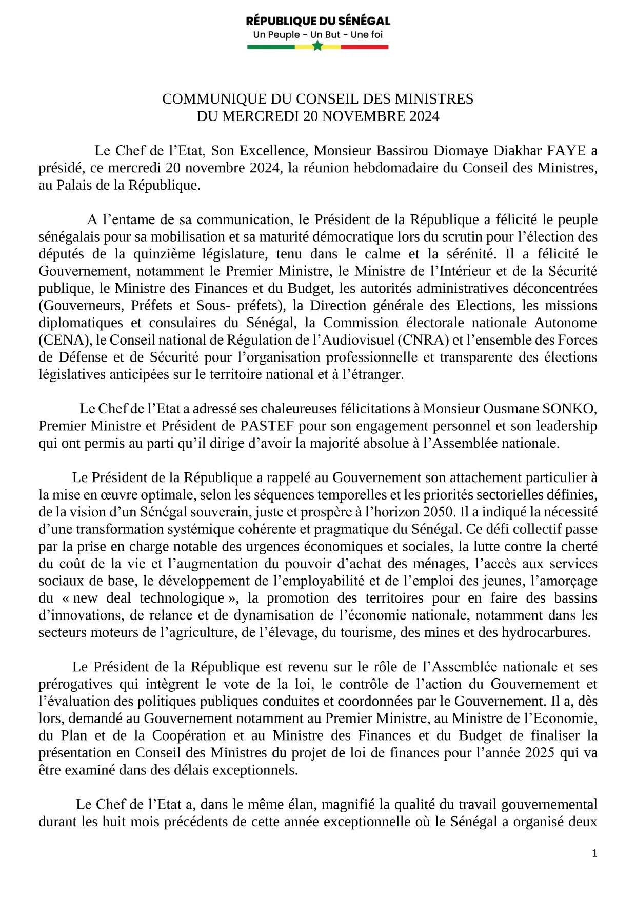 Conseil des ministres du 20 novembre 2024