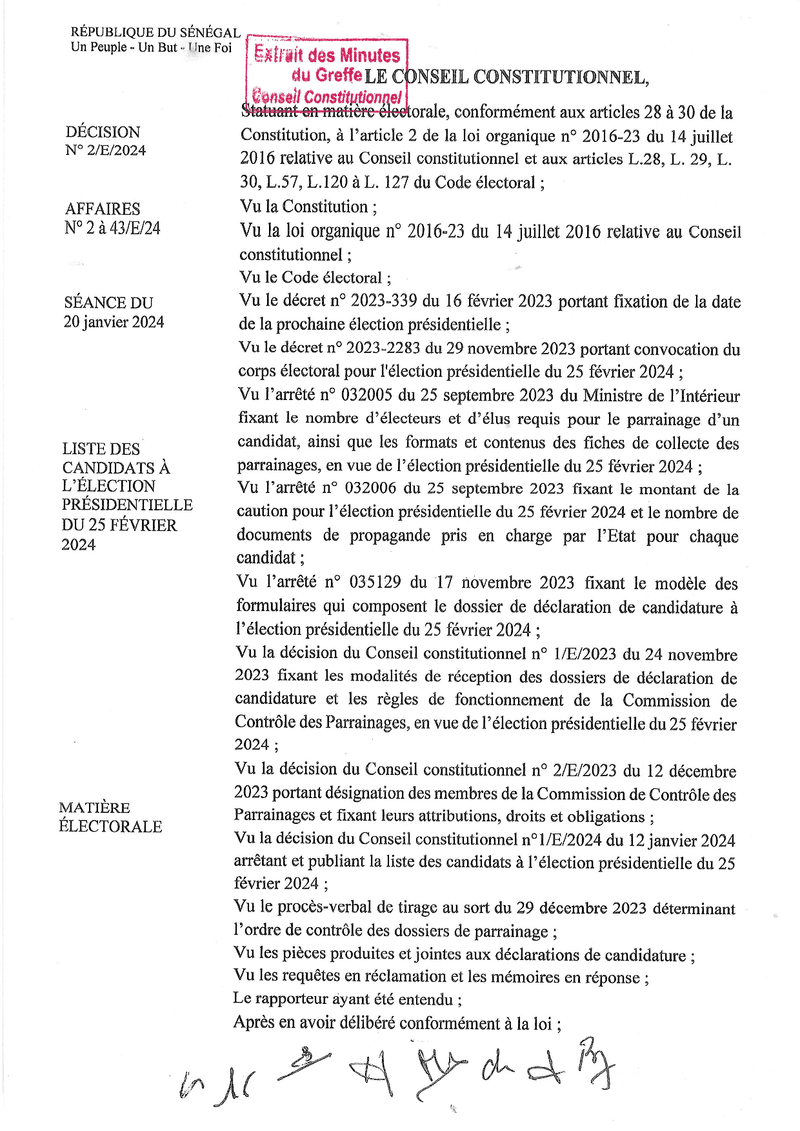 Décision n° 2/E/2024 du 20 janvier 2024 arrêtant la liste définitive des candidats à l’élection présidentielle du 25 février 2024 – Conseil constitutionnel du Sénégal