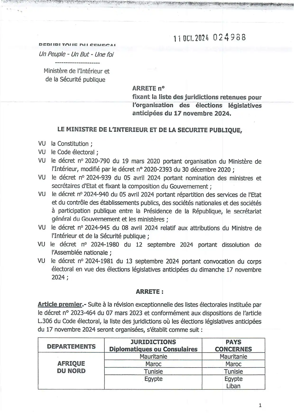 Aperçu Arrêté n° 024988 fixant la liste des juridictions diplomatiques ou consulaires retenues pour les élections législatives anticipées du 17 novembre 2024 – Ministère de l’Intérieur et de la Sécurité publique