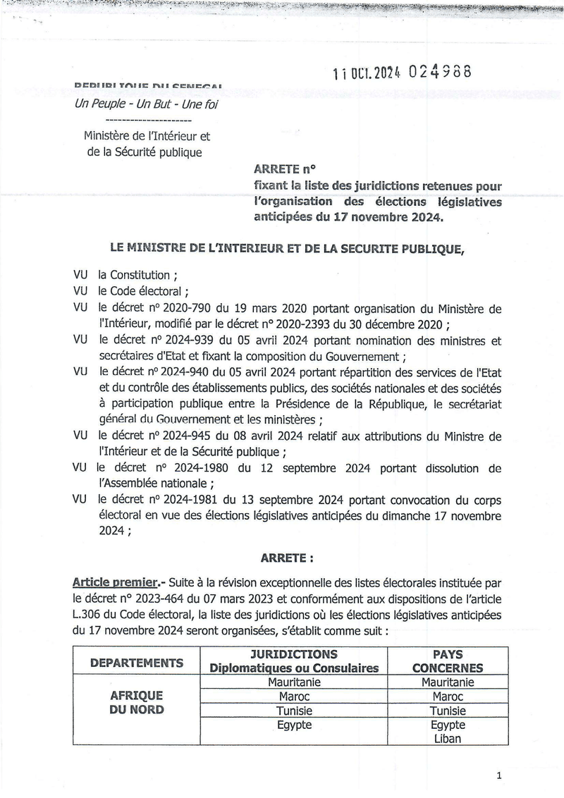 Arrêté n° 024988 fixant la liste des juridictions diplomatiques ou consulaires retenues pour les élections législatives anticipées du 17 novembre 2024 – Ministère de l’Intérieur et de la Sécurité publique