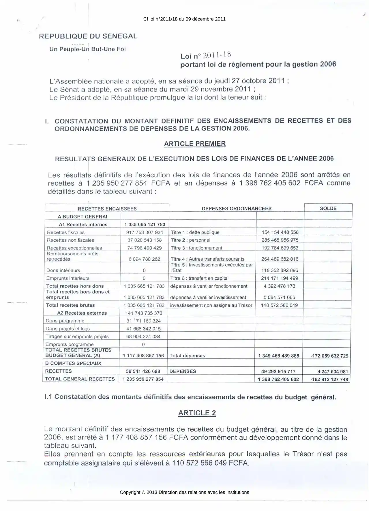 Loi n°2011-18 portant loi de règlement pour la gestion 2006