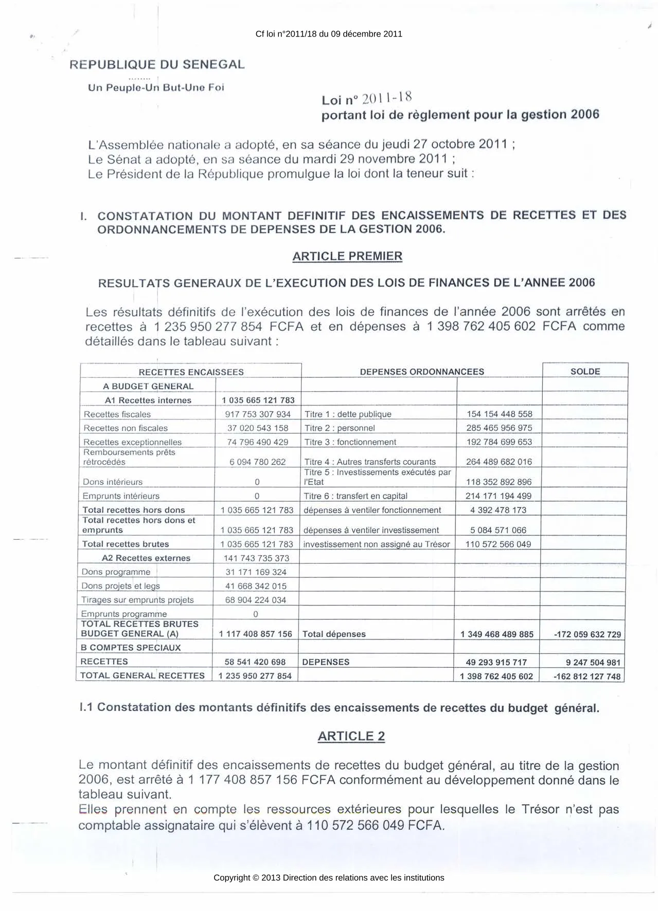 Loi n°2011-18 portant loi de règlement pour la gestion 2006