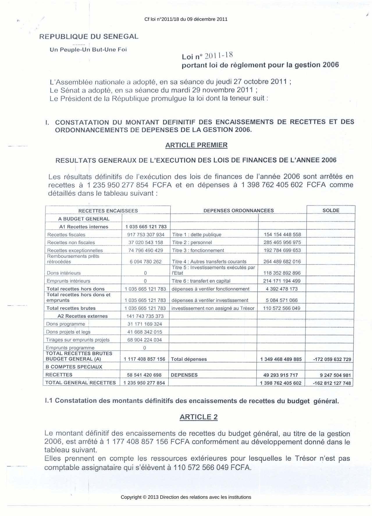 Loi n°2011-18 portant loi de règlement pour la gestion 2006