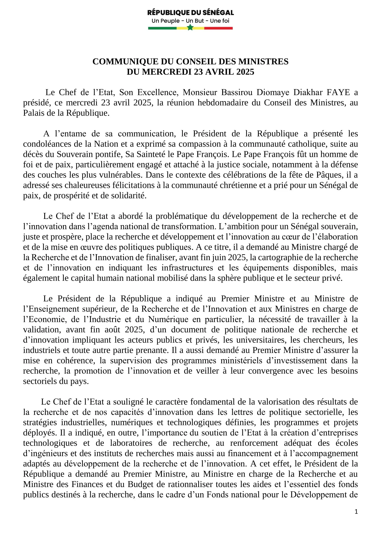 Conseil des ministres du 23 Avril 2025