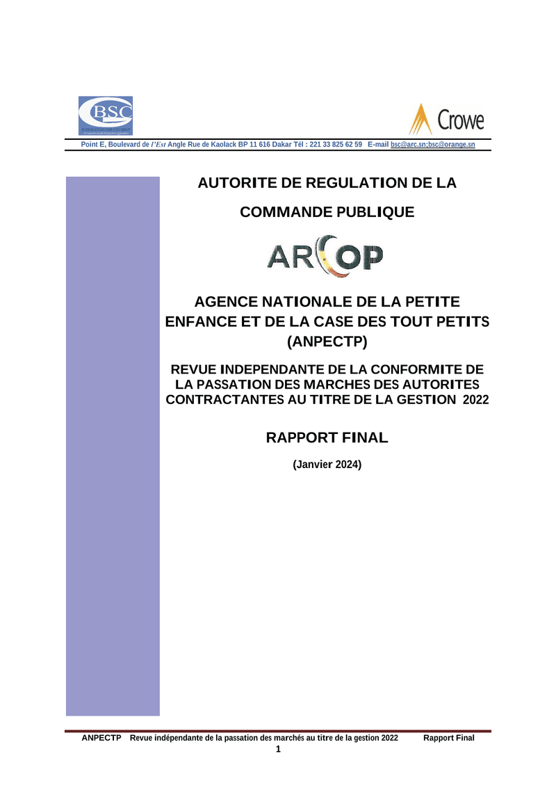 Rapport final d’audit de conformité des marchés publics 2022 de l’Agence nationale de la petite enfance et de la case des tout-petits (ANPECTP) – ARCOP