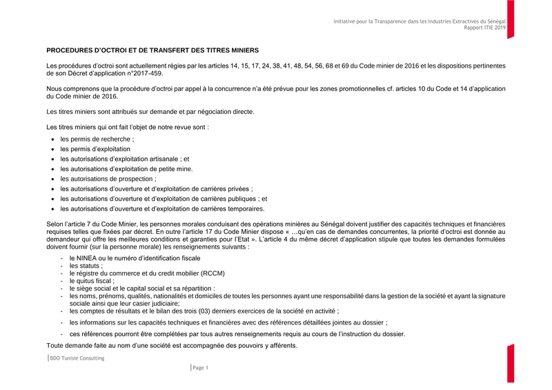 Rapport ITIE 2019 sur les procédures d’octroi, de transfert et de renouvellement des titres miniers au Sénégal – Initiative pour la Transparence dans les Industries Extractives (ITIE)