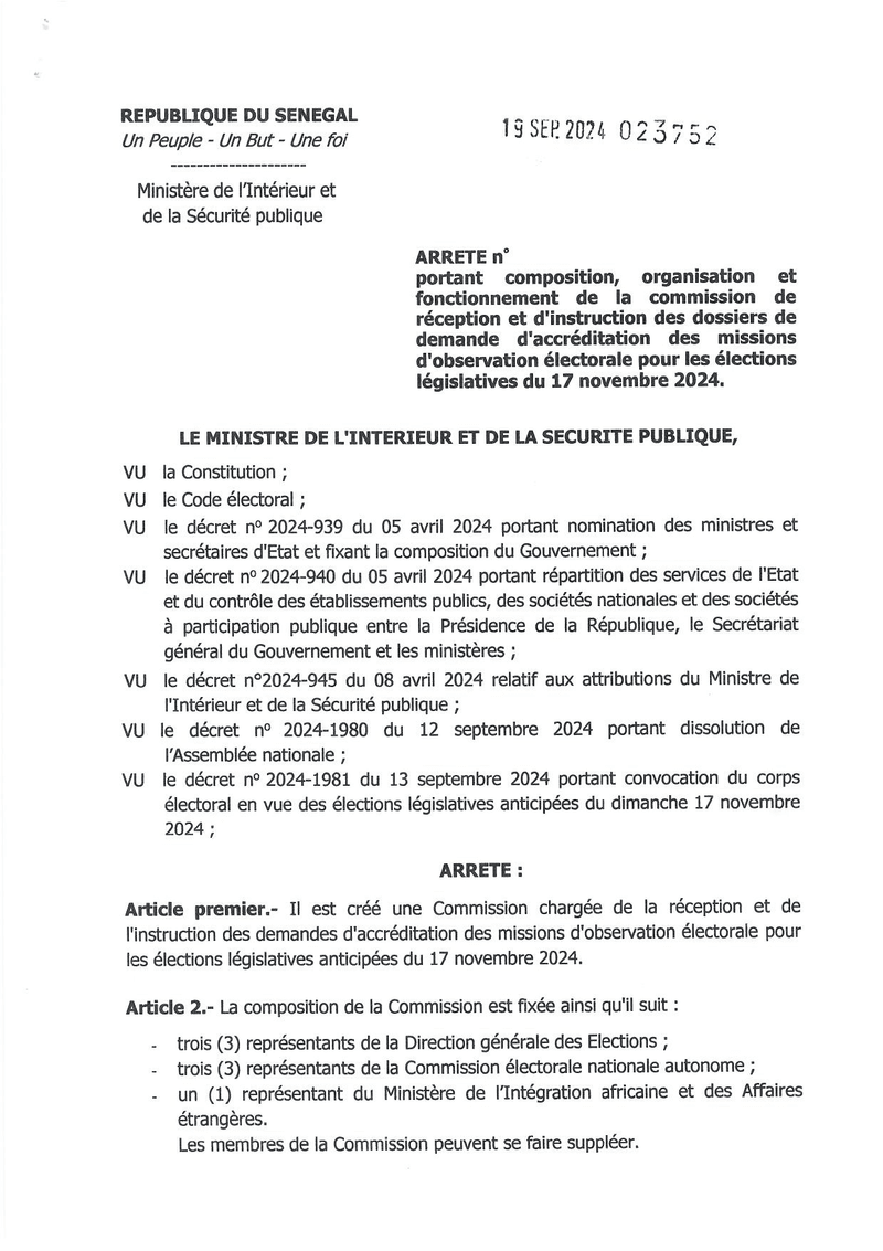 Arrêté portant création et fonctionnement de la commission d’accréditation des missions d’observation électorale pour les élections législatives anticipées du 17 novembre 2024 – Ministère de l’Intérieur et de la Sécurité publique
