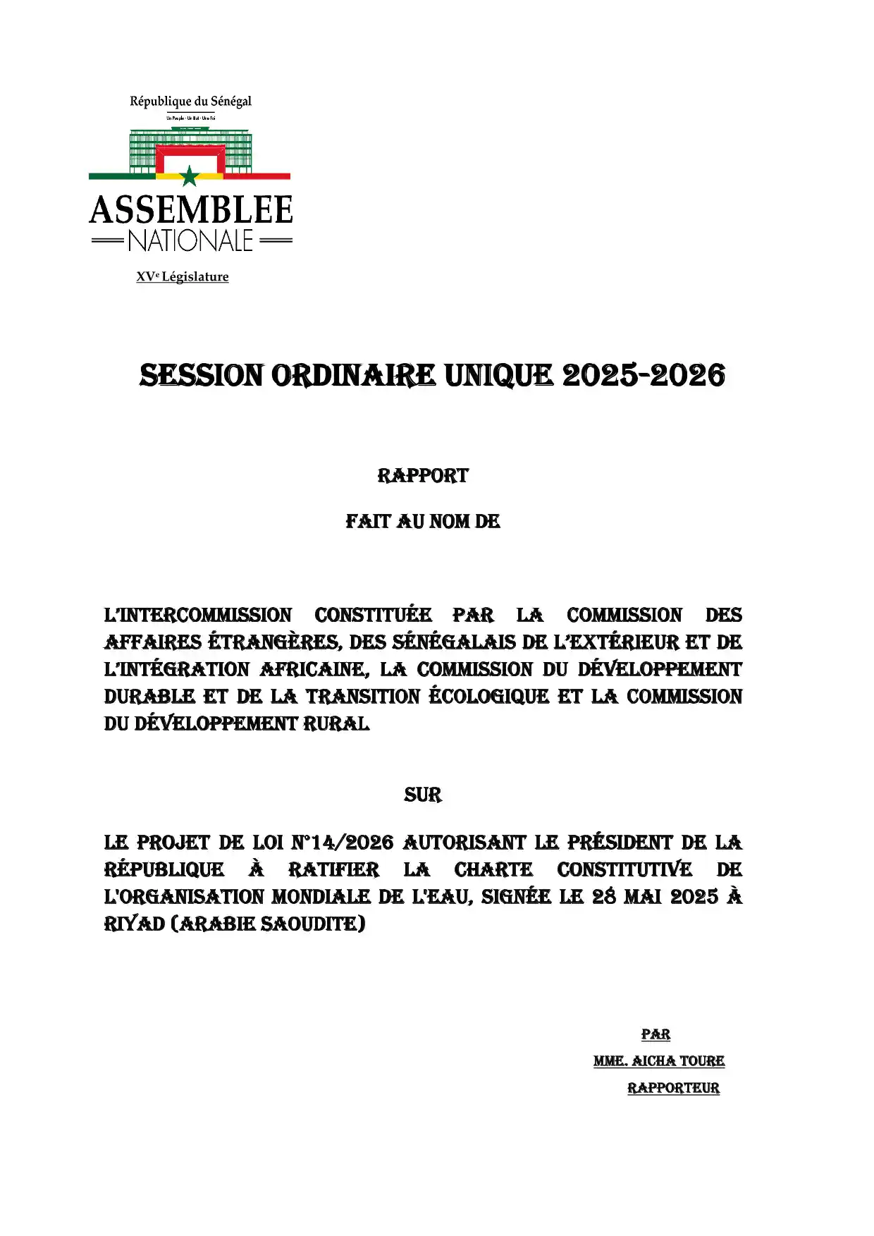 Rapport projet de loi n°14/2026 autorisant la ratification de la Charte constitutive de l'Organisation mondiale de l'Eau – Assemblée nationale du Sénégal