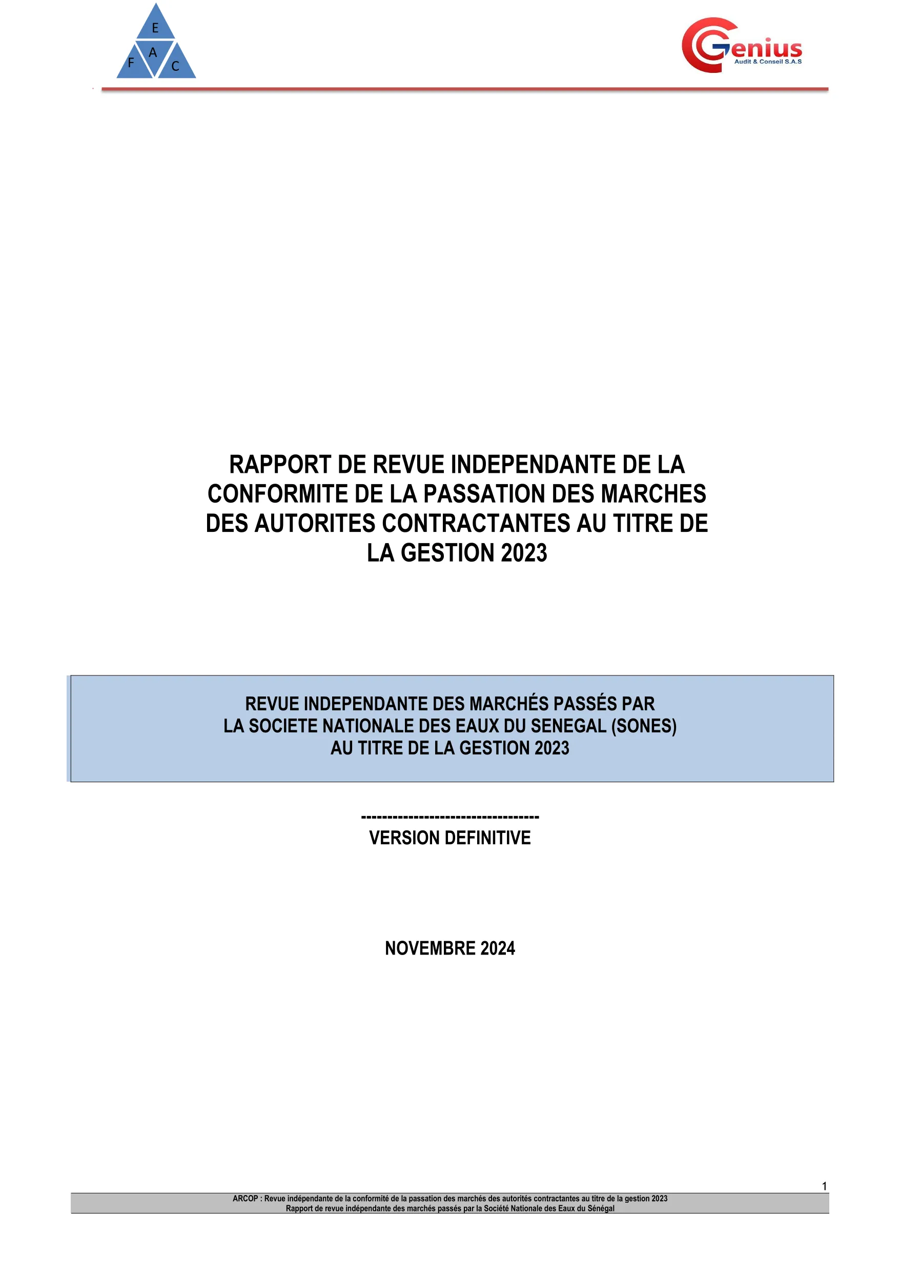 Rapport d’audit de conformité des marchés publics de la Société Nationale des Eaux du Sénégal (SONES) – Gestion 2023 – 26 novembre 2024 – ARCOP