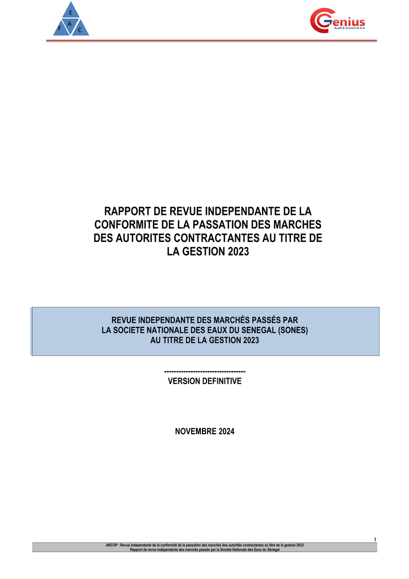Rapport d’audit de conformité des marchés publics de la Société Nationale des Eaux du Sénégal (SONES) – Gestion 2023 – 26 novembre 2024 – ARCOP