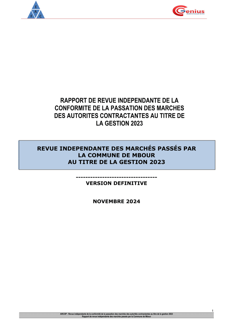 Revue indépendante de la passation des marchés de la Commune de Mbour, gestion 2023 – ARCOP