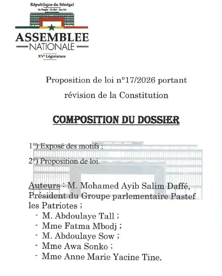 Proposition de loi n°17/2026 portant révision de la Constitution – Assemblée nationale du Sénégal