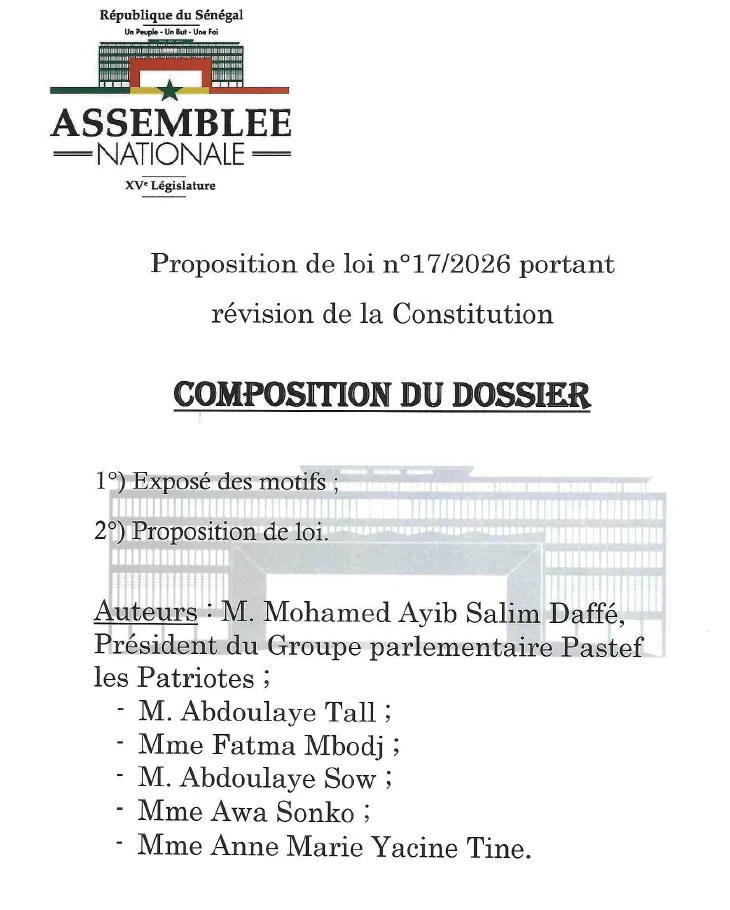 Proposition de loi n°17/2026 portant révision de la Constitution – Assemblée nationale du Sénégal