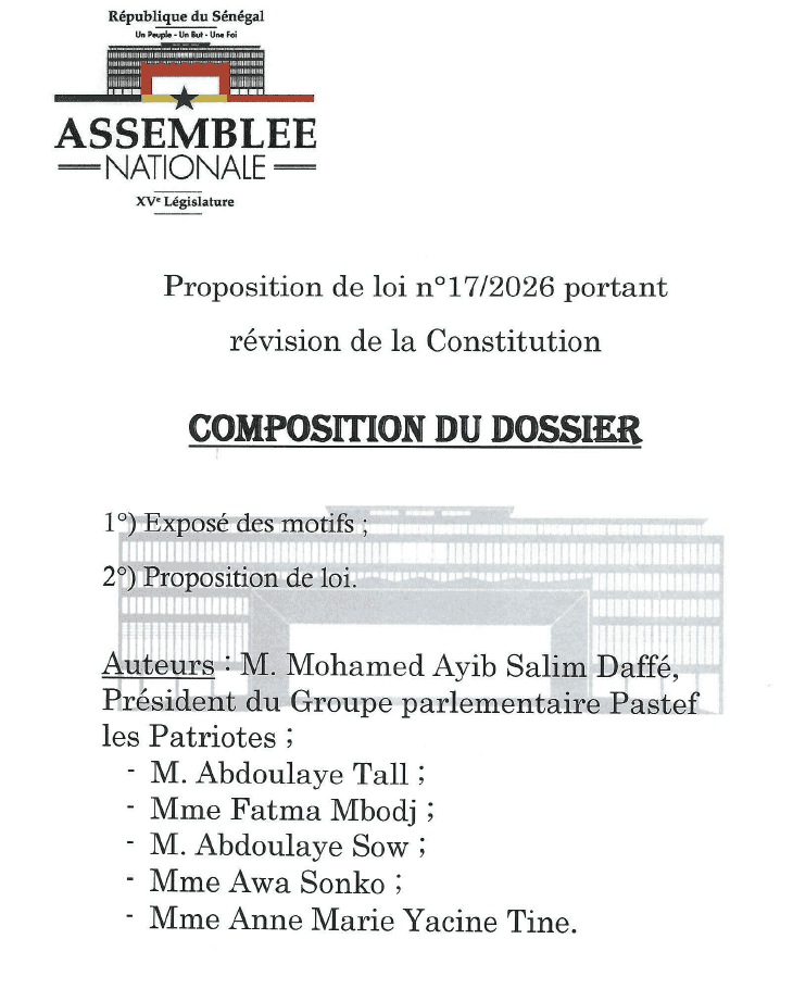 Proposition de loi n°17/2026 portant révision de la Constitution – Assemblée nationale du Sénégal