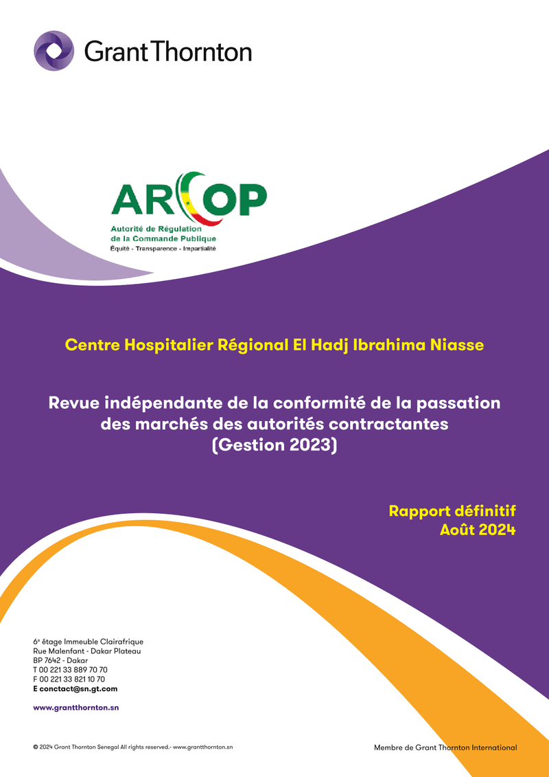 Rapport définitif d’audit de conformité des marchés publics 2023 du Centre Hospitalier Régional El Hadj Ibrahima Niasse de Kaolack – ARCOP