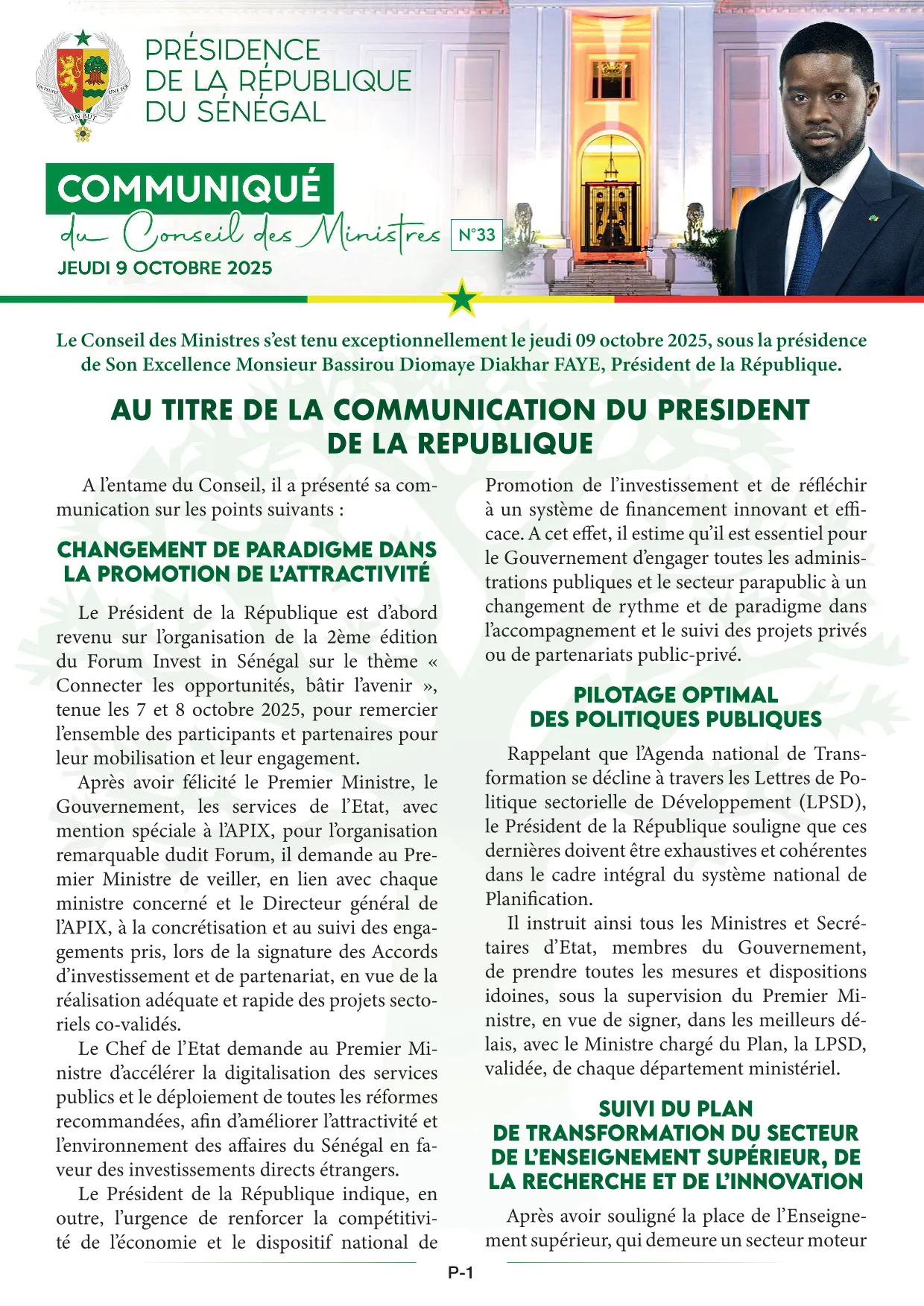 Conseil des ministres du 09 Octobre 2025