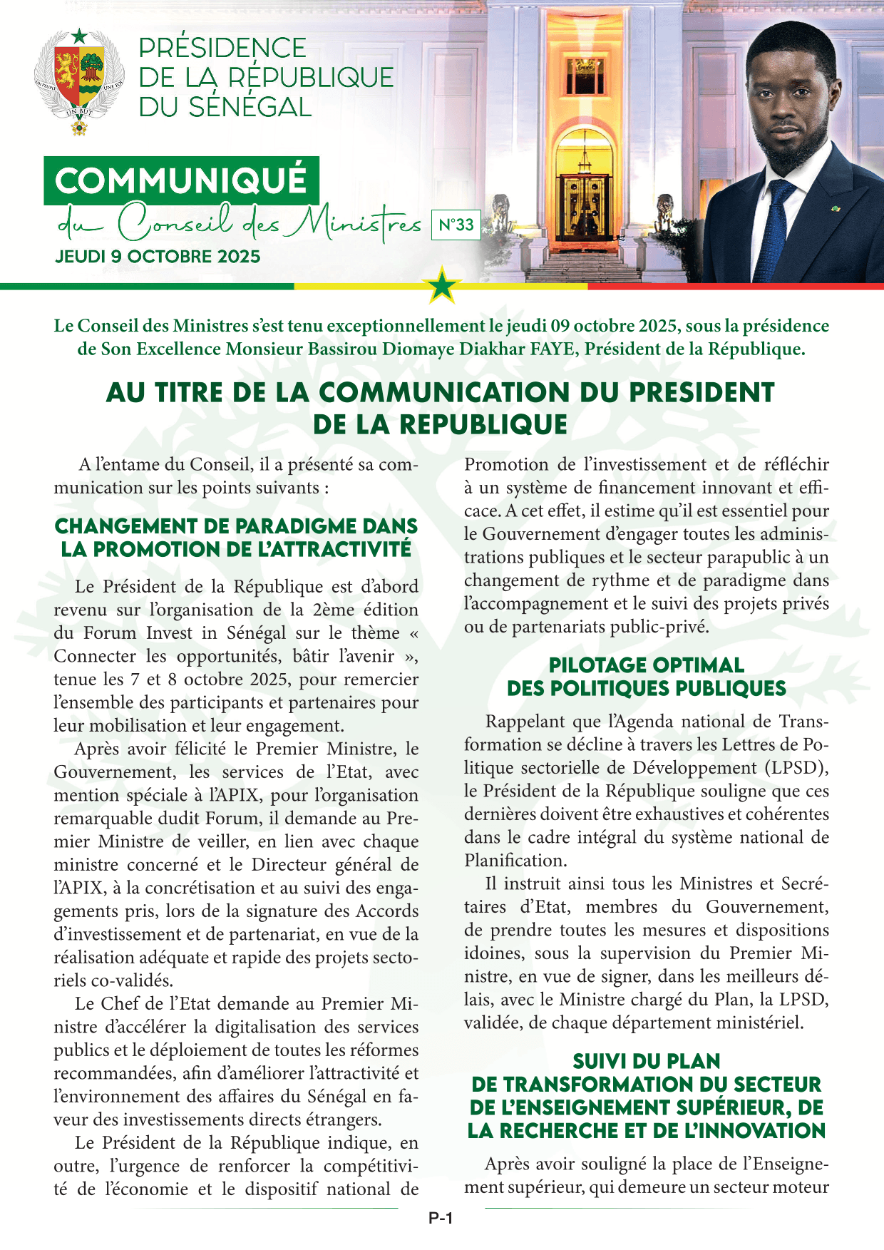 Conseil des ministres du 09 Octobre 2025