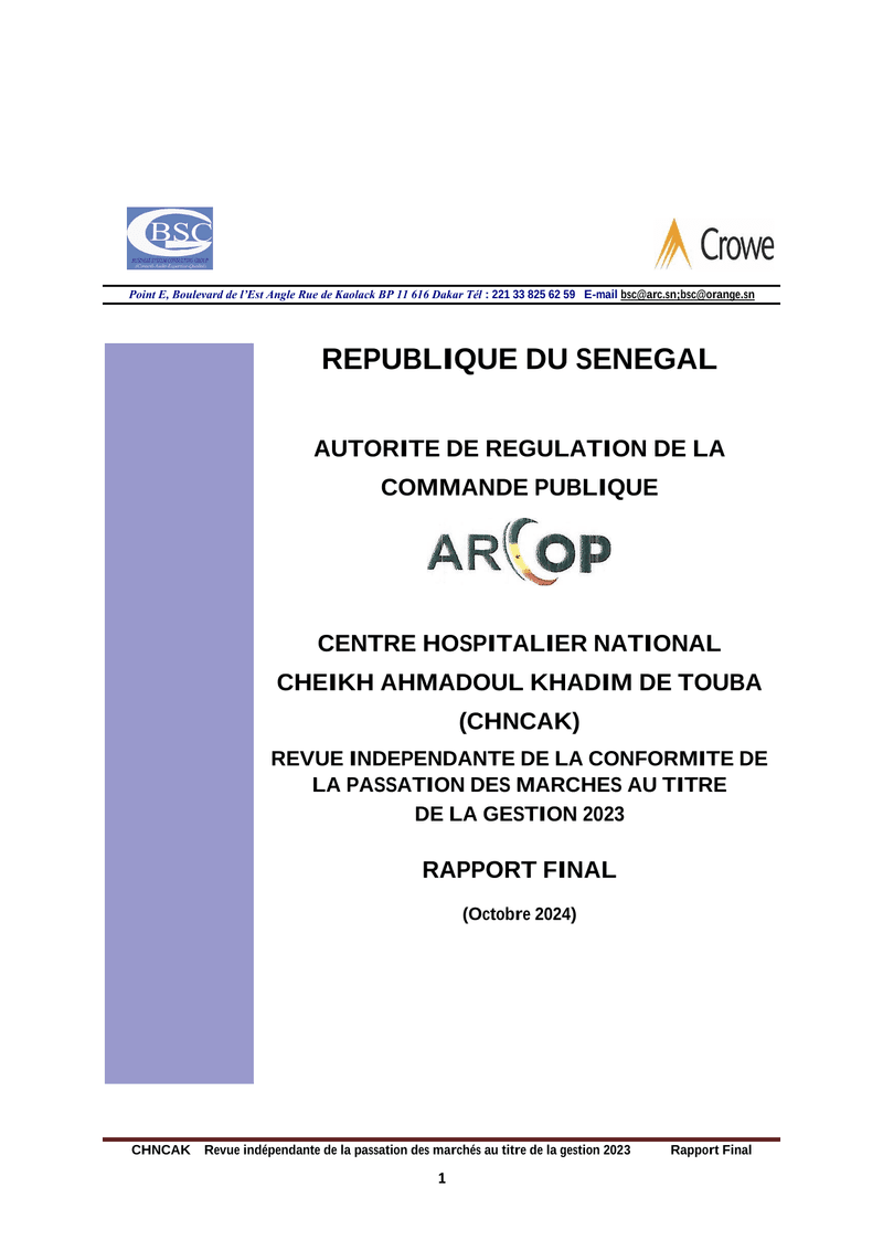 Rapport final d’audit de conformité de la passation des marchés 2023 du Centre Hospitalier National Cheikh Ahmadoul Khadim de Touba – ARCOP