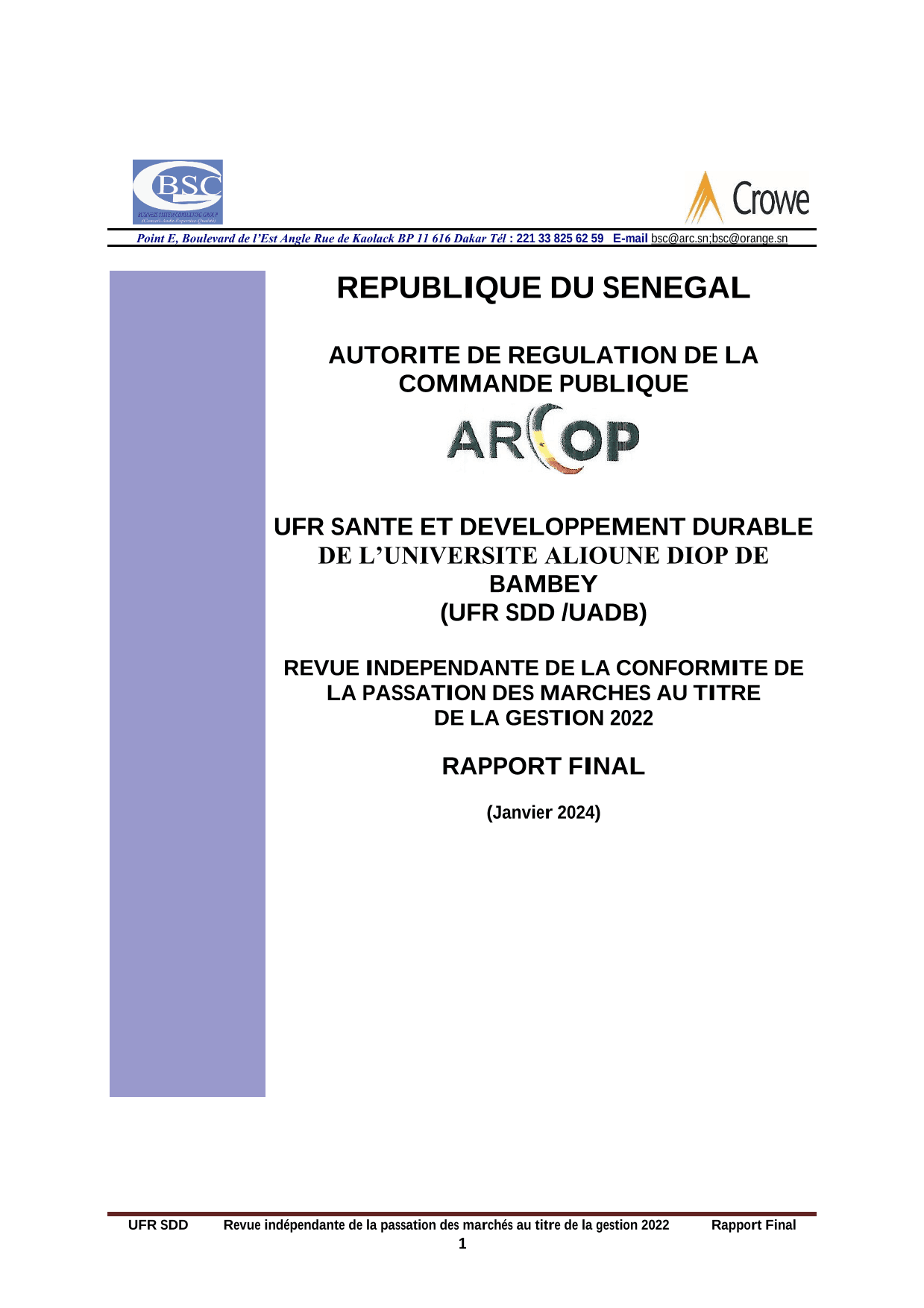 Rapport final d’audit de conformité des marchés publics 2022 de l’UFR Santé et Développement Durable de l’Université Alioune Diop de Bambey – ARCOP