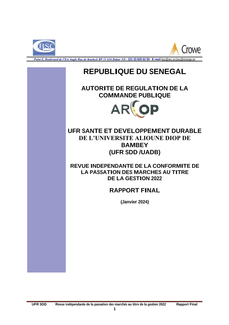 Rapport final d’audit de conformité des marchés publics 2022 de l’UFR Santé et Développement Durable de l’Université Alioune Diop de Bambey – ARCOP