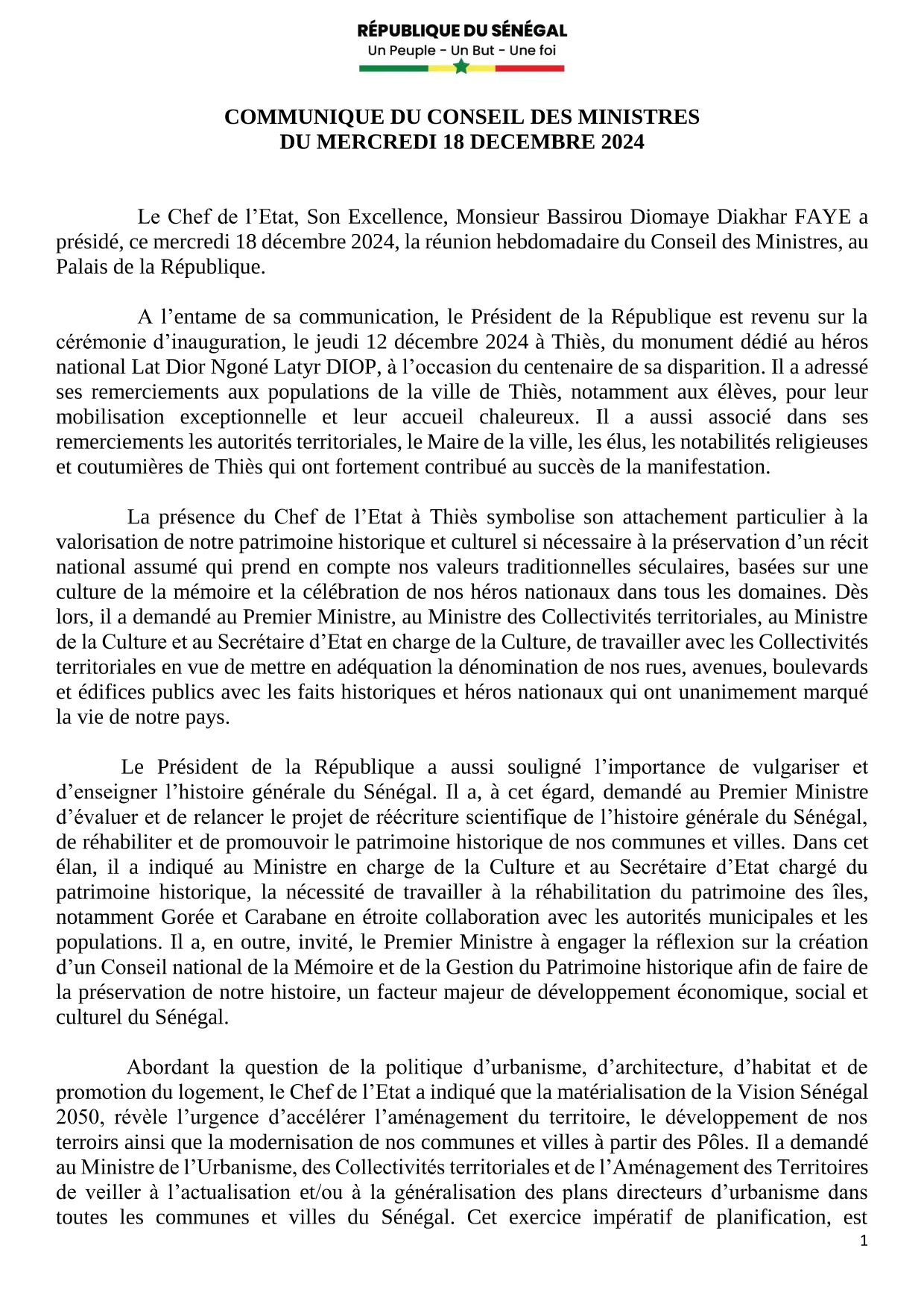Conseil des ministres du 18 décembre 2024