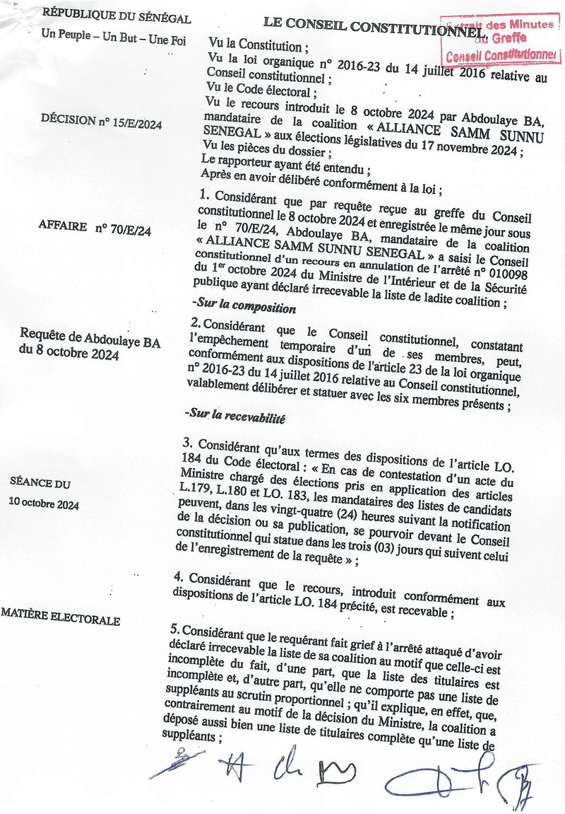 Décision n° 15/E/2024 du 10 octobre 2024 rejetant le recours de Abdoulaye BA contre l’irrecevabilité de la liste ALLIANCE SAMM SUNNU SENEGAL – Conseil constitutionnel du Sénégal