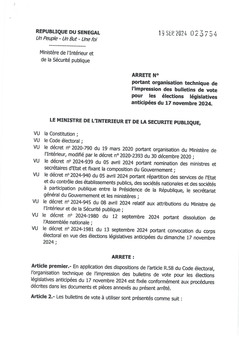 Arrêté portant organisation technique de l’impression des bulletins de vote pour les élections législatives anticipées du 17 novembre 2024 – Ministère de l’Intérieur et de la Sécurité publique