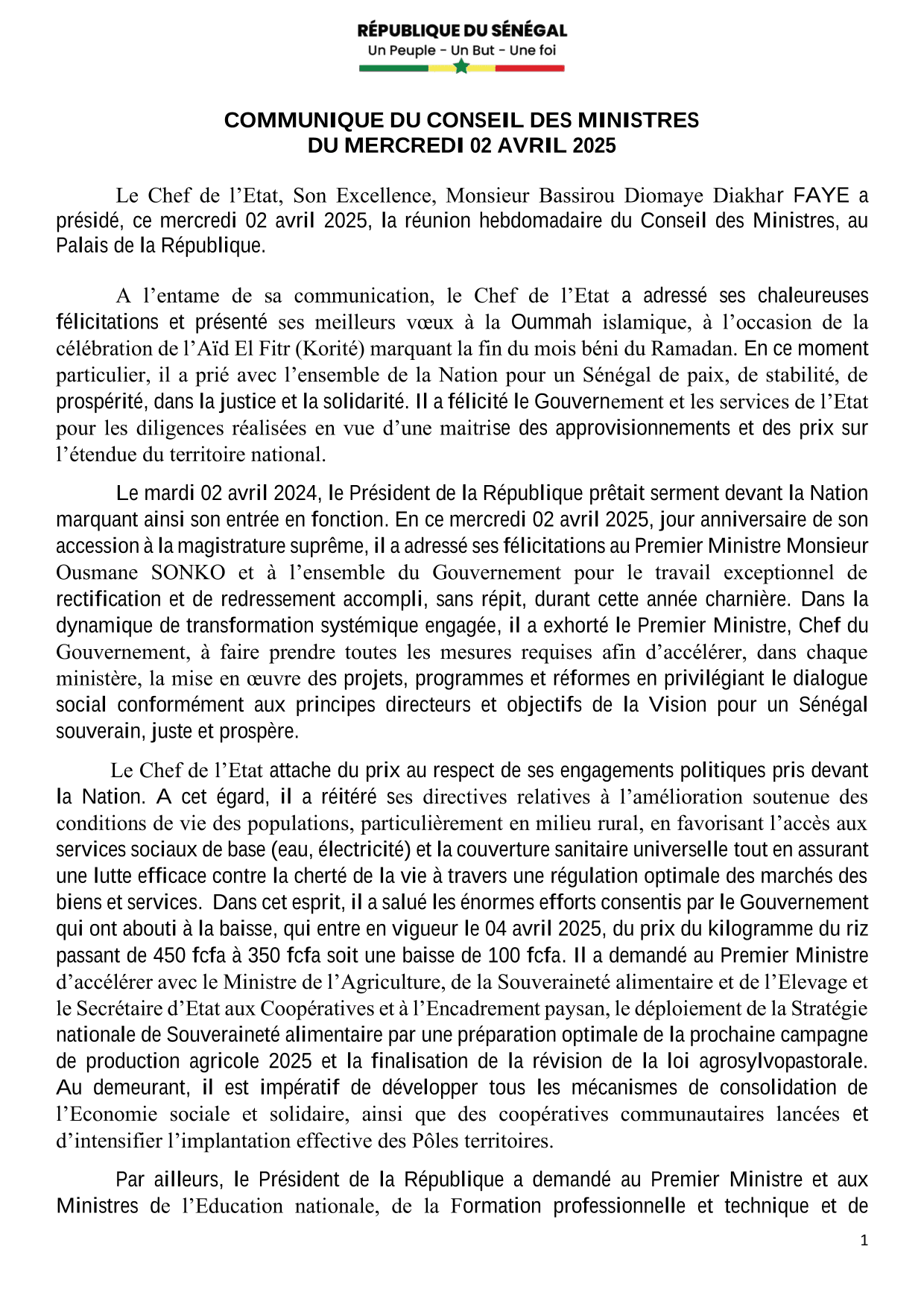 Communiqué conseil des ministres 02 avril 2025