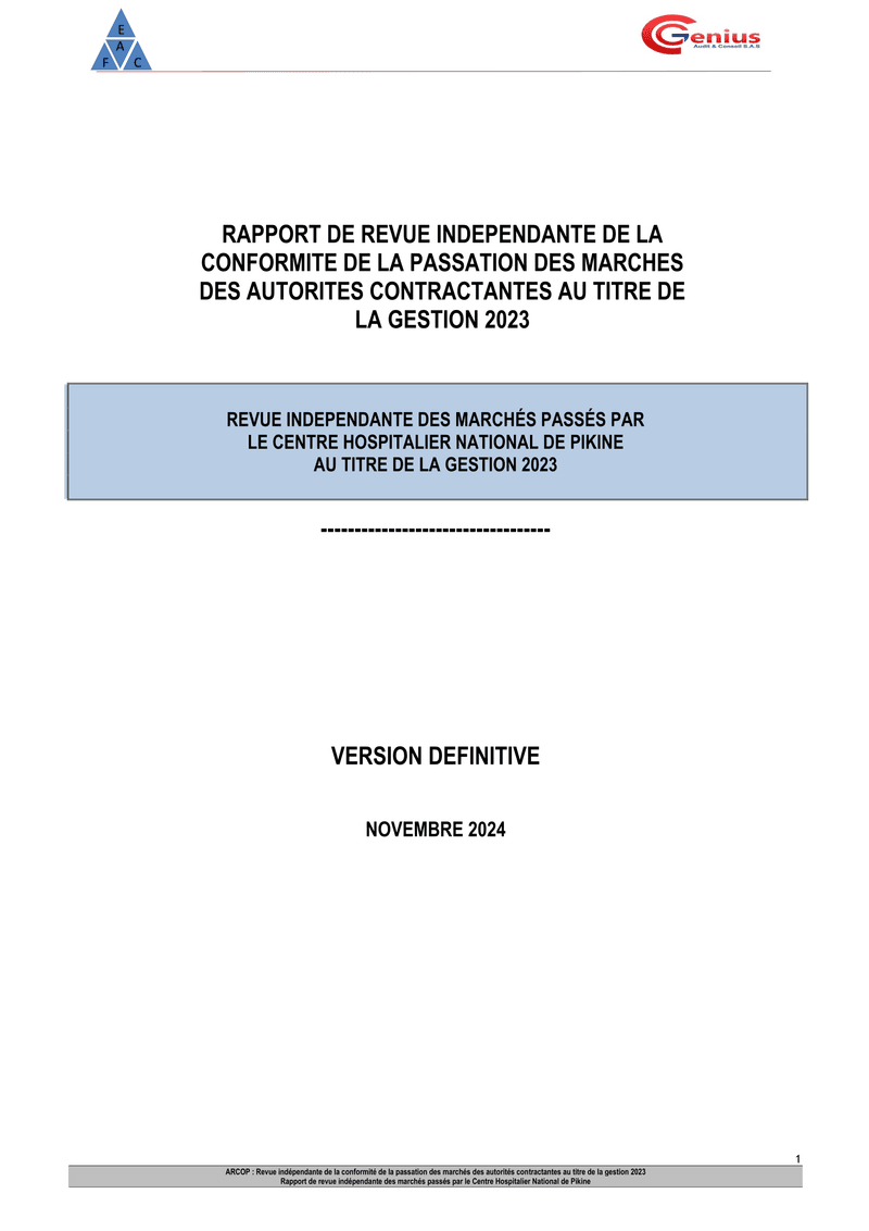 Rapport d’audit de conformité sur la passation des marchés publics du Centre Hospitalier National de Pikine, gestion 2023 – ARCOP