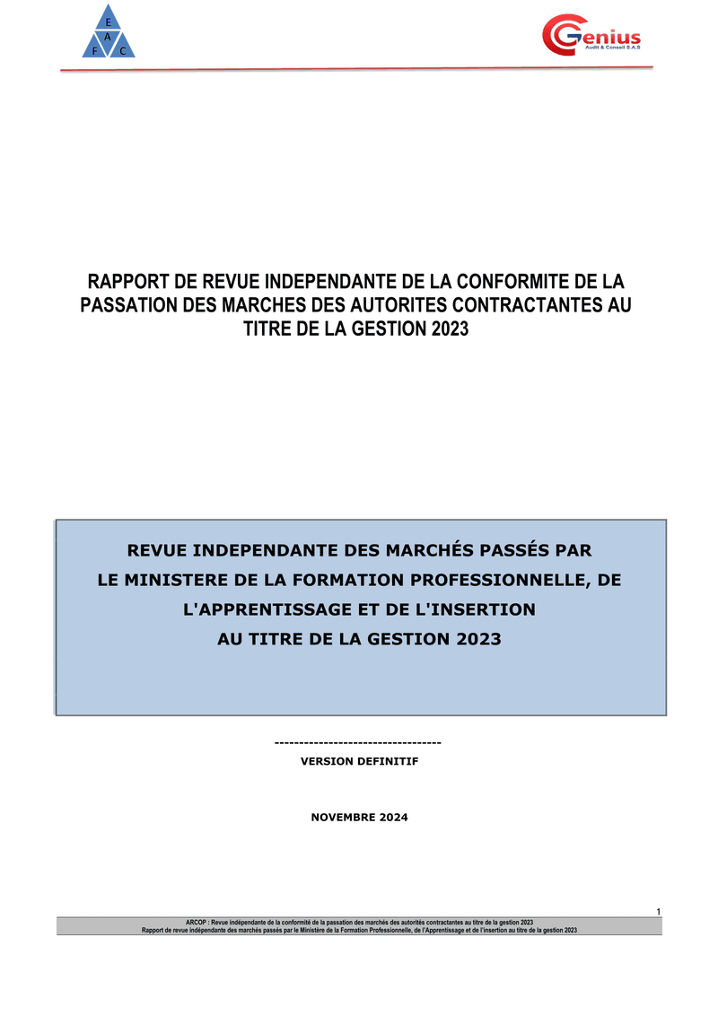 Revue indépendante des marchés publics du Ministère de la Formation professionnelle, de l’Apprentissage et de l’Insertion au titre de la gestion 2023 – ARCOP