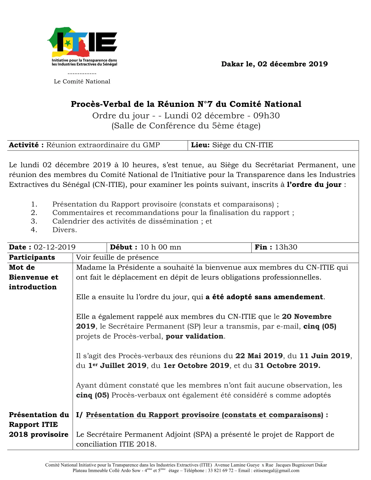 Procès-verbal de la réunion extraordinaire n°7 du 2 décembre 2019 sur le Rapport ITIE 2018 et sa dissémination – Initiative pour la transparence dans les industries extractives (ITIE) Sénégal