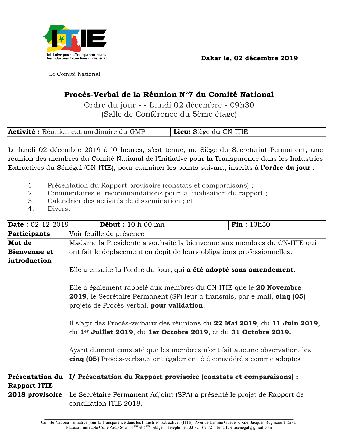 Procès-verbal de la réunion extraordinaire n°7 du 2 décembre 2019 sur le Rapport ITIE 2018 et sa dissémination – Initiative pour la transparence dans les industries extractives (ITIE) Sénégal