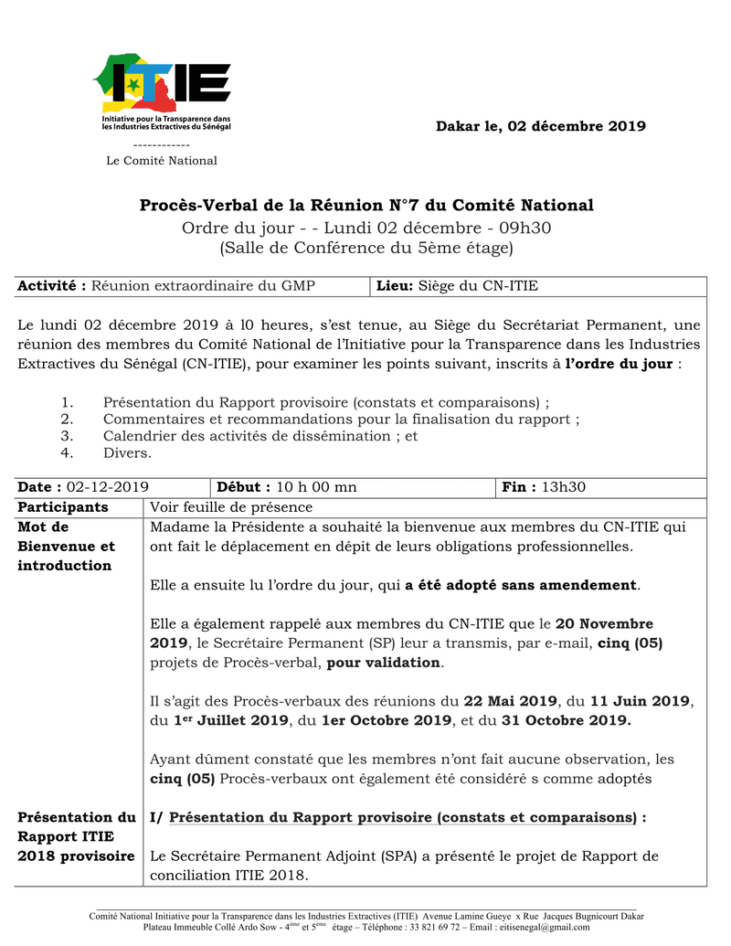 Procès-verbal de la réunion extraordinaire n°7 du 2 décembre 2019 sur le Rapport ITIE 2018 et sa dissémination – Initiative pour la transparence dans les industries extractives (ITIE) Sénégal