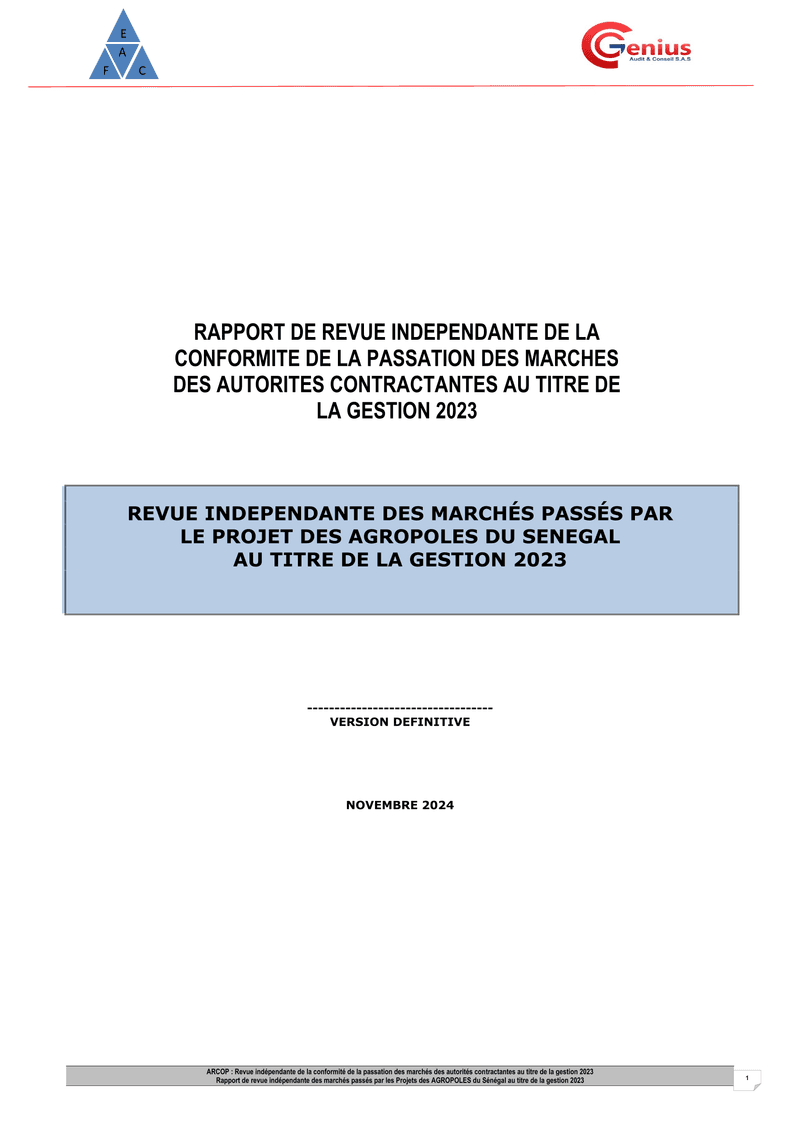 Revue indépendante des marchés du Projet des Agropoles du Sénégal, gestion 2023 – ARCOP
