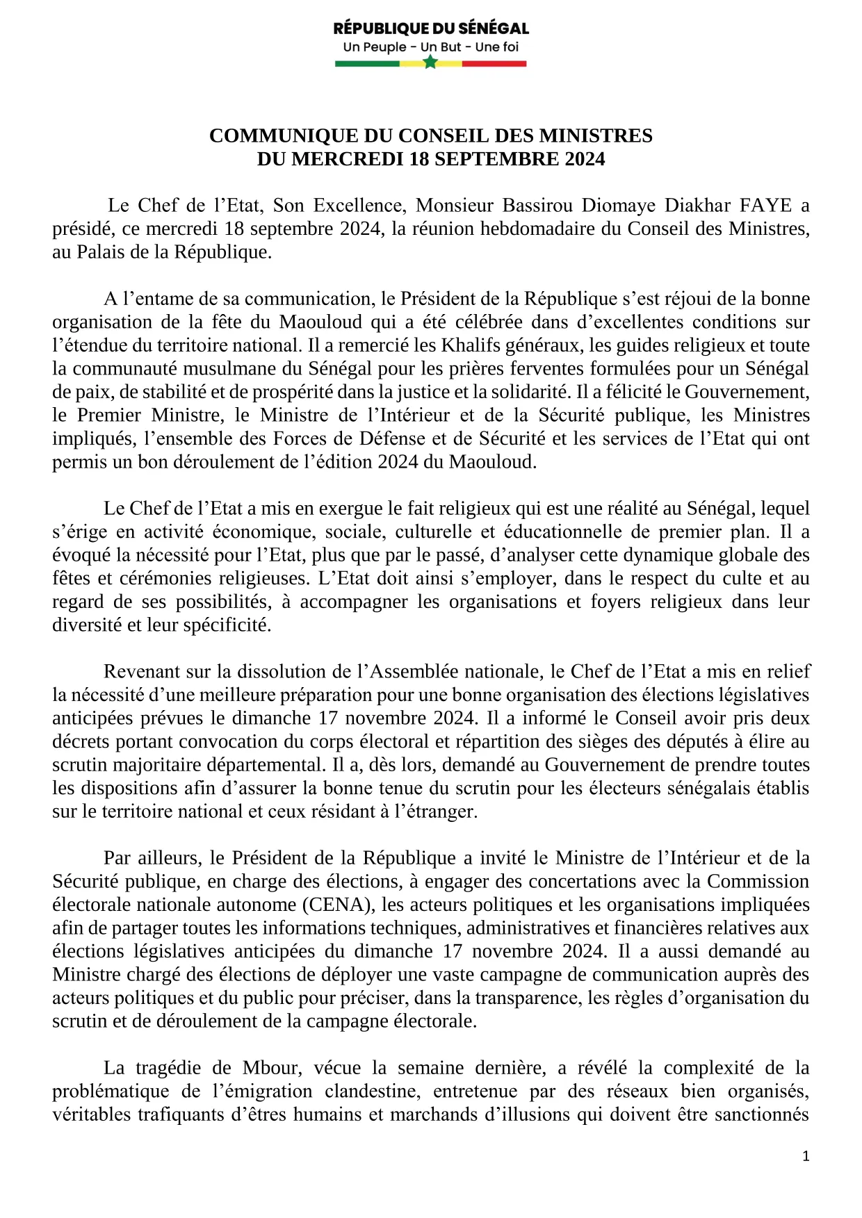 Conseil des ministres du 18 septembre 2024