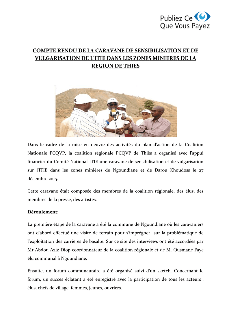 Compte rendu du 27 décembre 2015 sur la caravane de sensibilisation et de vulgarisation de l’ITIE à Ngoundiane et Darou Khoudoss – Initiative pour la transparence dans les industries extractives (ITIE)