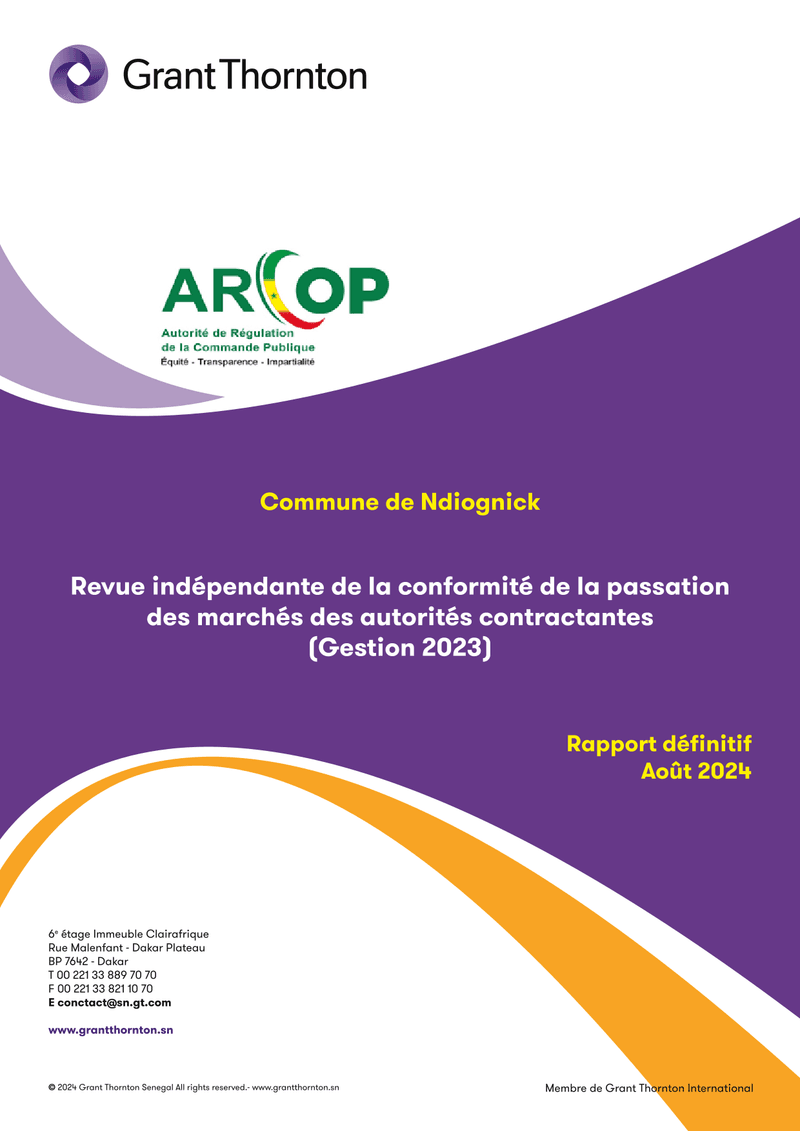 Rapport d’audit de conformité des marchés publics de la Commune de Ndiognick pour la gestion 2023 – ARCOP