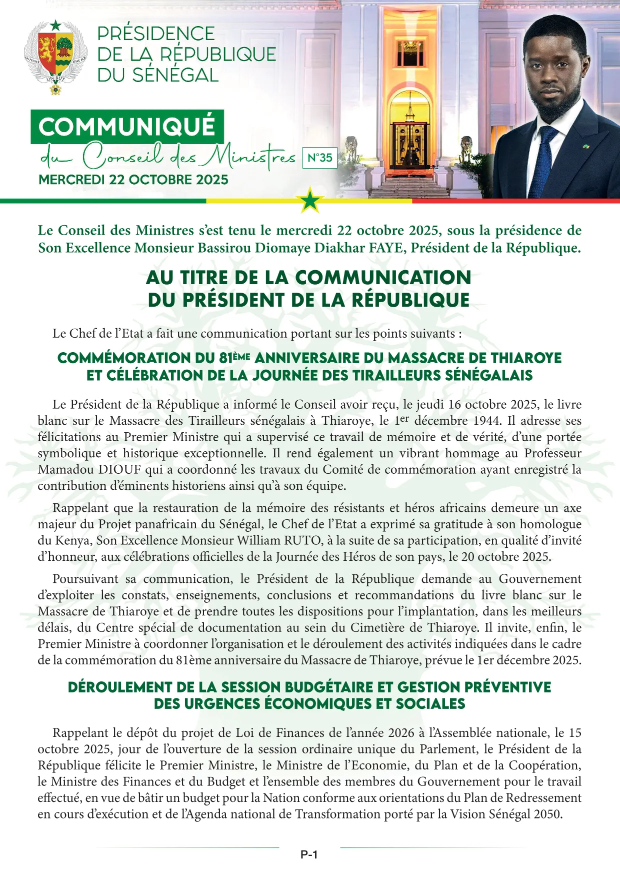 Conseil des ministres du 22 Octobre 2025