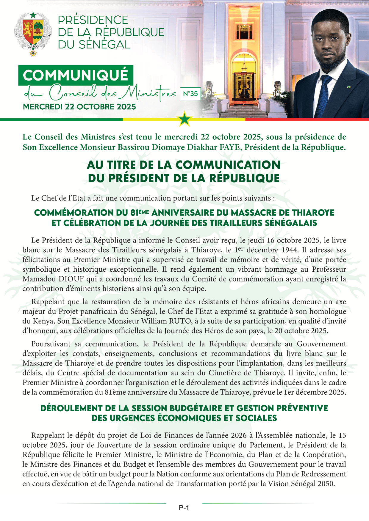 Conseil des ministres du 22 Octobre 2025