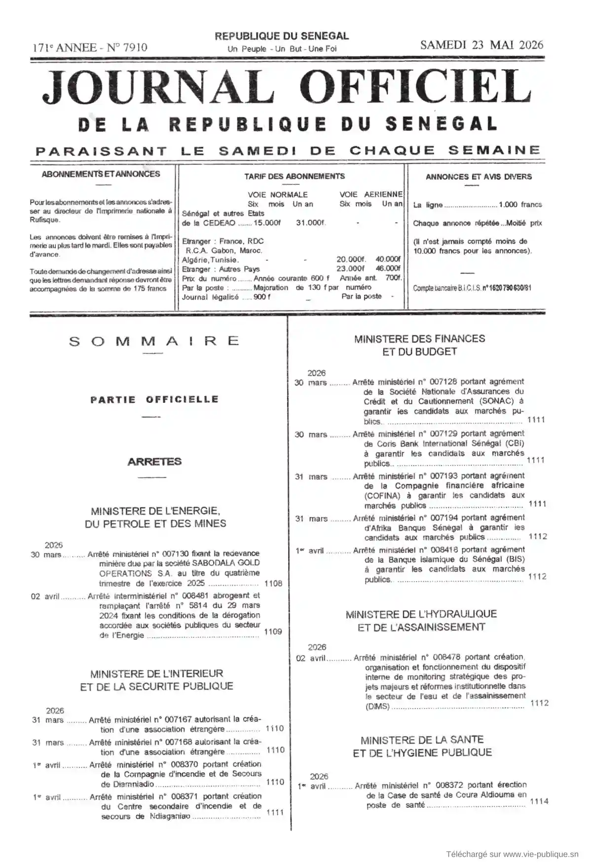 Journal Officiel N° 7910 du 23 mai 2026  - République du Sénégal