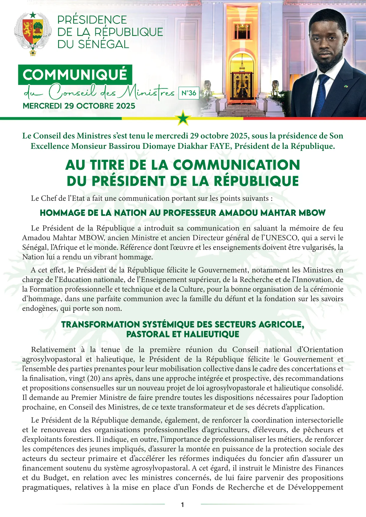 Conseil des ministres du 29 Octobre 2025