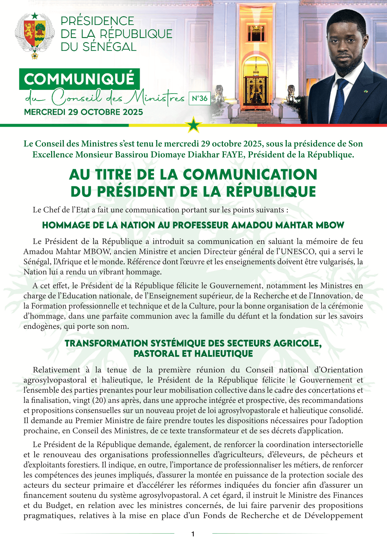 Conseil des ministres du 29 Octobre 2025