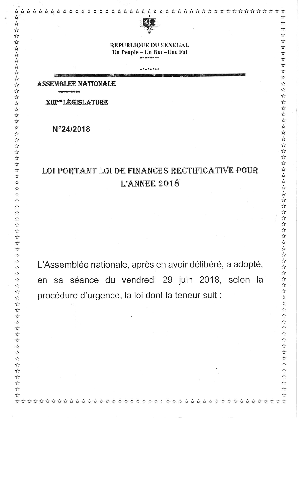Loi n°2018-24 portant loi de finances rectificative pour l'année 2018