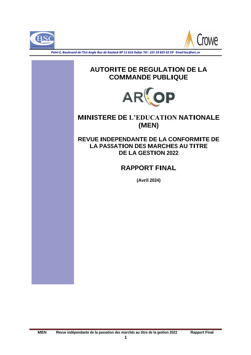 Rapport d’audit de conformité des marchés publics du Ministère de l’Éducation nationale en 2022 – ARCOP