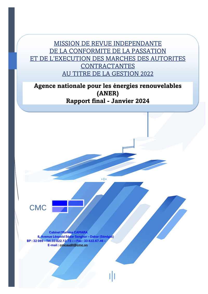 Rapport d’audit de la passation et de l’exécution des marchés de l’Agence nationale pour les énergies renouvelables (ANER), gestion 2022 – ANER - ARCOP
