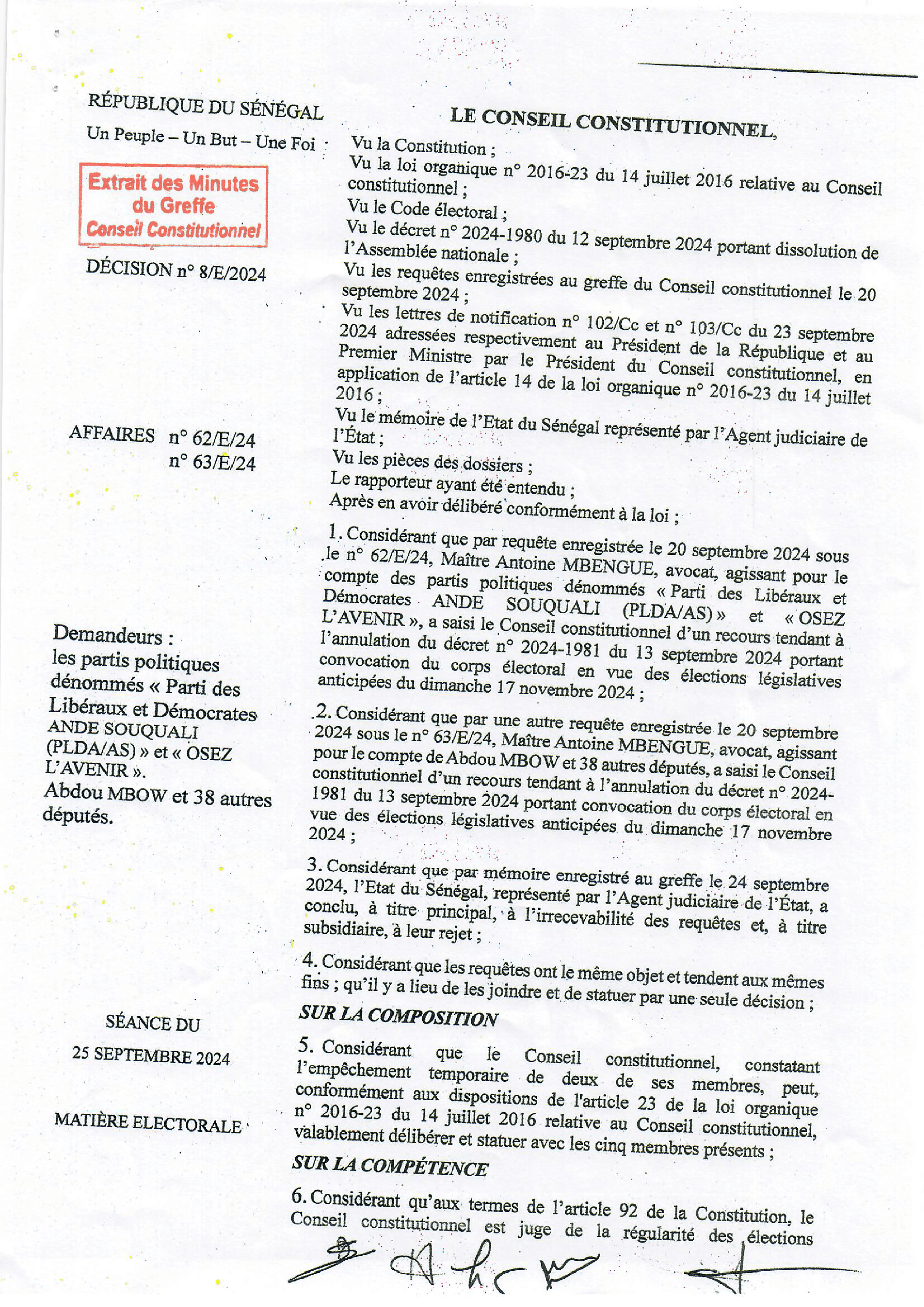 Décision n° 8/E/2024 du 25 septembre 2024 rejetant les requêtes contre le décret de convocation du corps électoral pour les élections législatives anticipées – Conseil constitutionnel