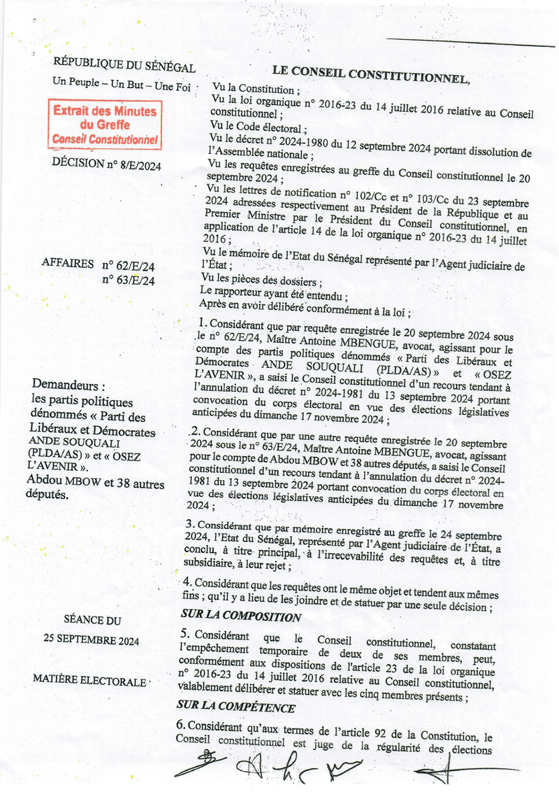 Décision n° 8/E/2024 du 25 septembre 2024 rejetant les requêtes contre le décret de convocation du corps électoral pour les élections législatives anticipées – Conseil constitutionnel
