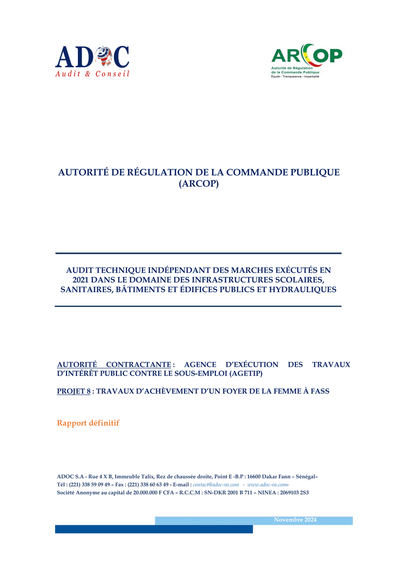 Audit technique du projet 8 : achèvement d’un foyer de la femme à Fass – ARCOP